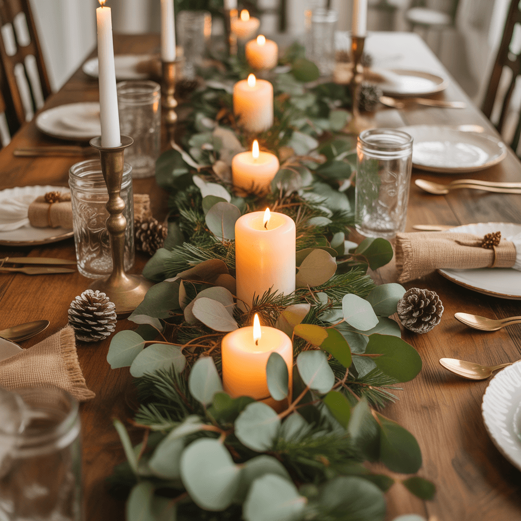 Eucalyptus and pine cone garland close-up showing layered greenery.