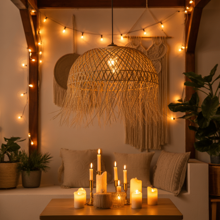 Eucalyptus branches in a ceramic vase on a Boho nightstand.