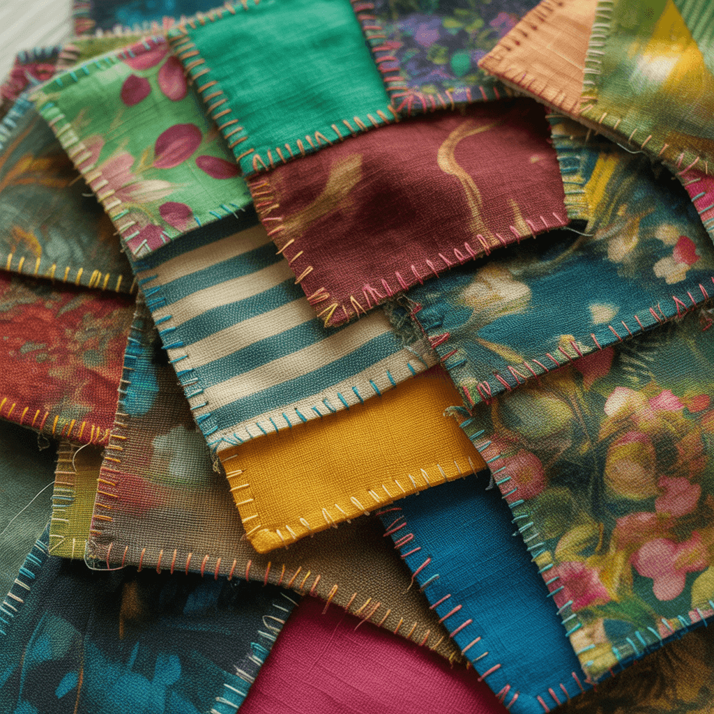 Fabric scraps stitched together in a patchwork design for boho stocking.