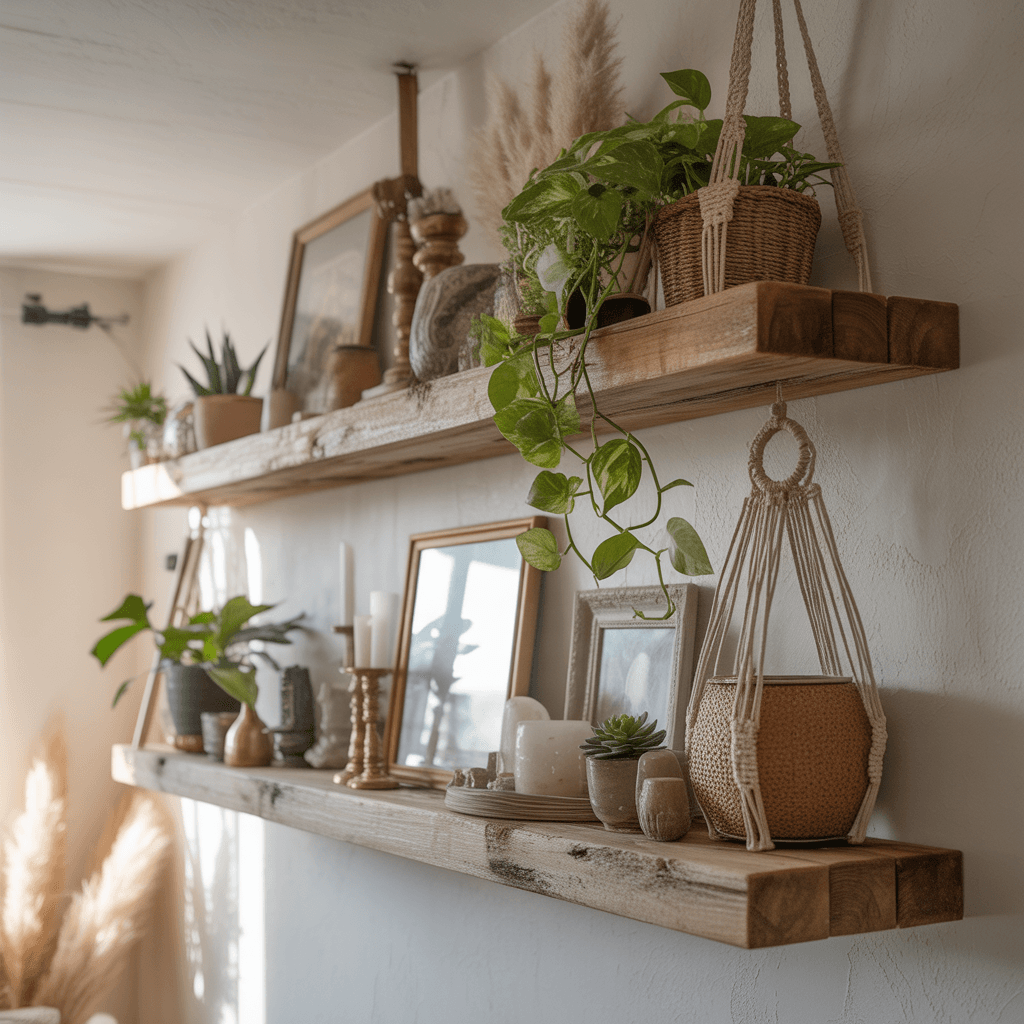  Floating shelves used for storage in a small Boho room