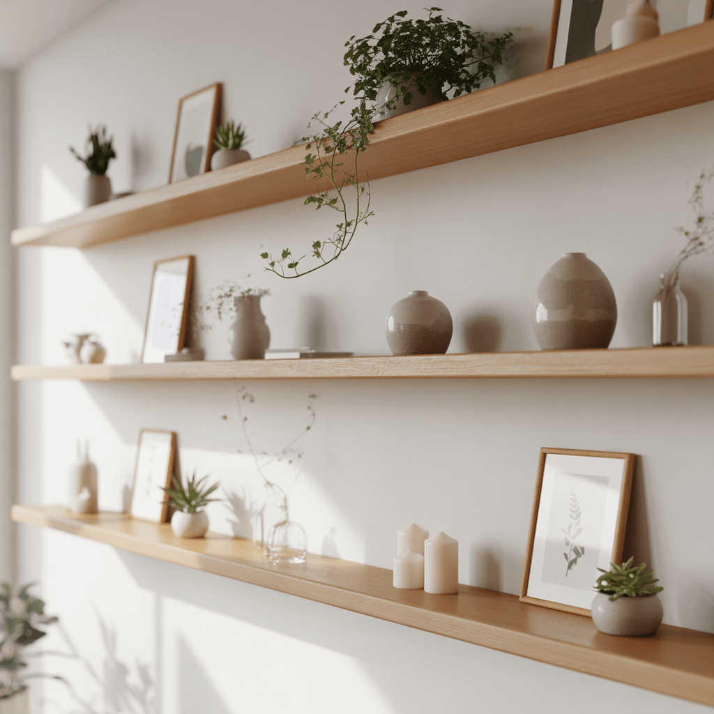 Floating wood shelves styled with plants, pottery, and books
