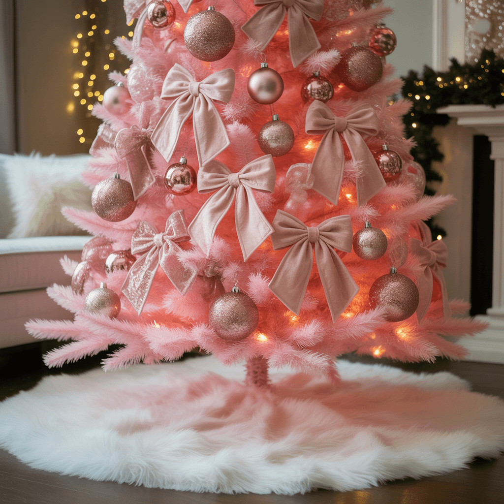Glam pink Christmas tree with rose-gold ornaments, oversized velvet bows, and a white faux-fur tree skirt.
