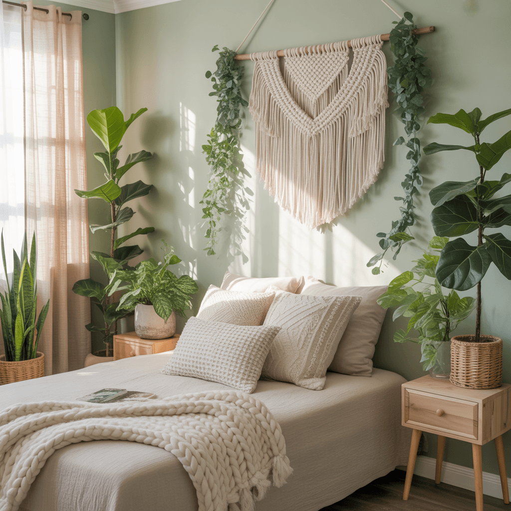 Green plants complementing sage tones in a cozy boho bedroom