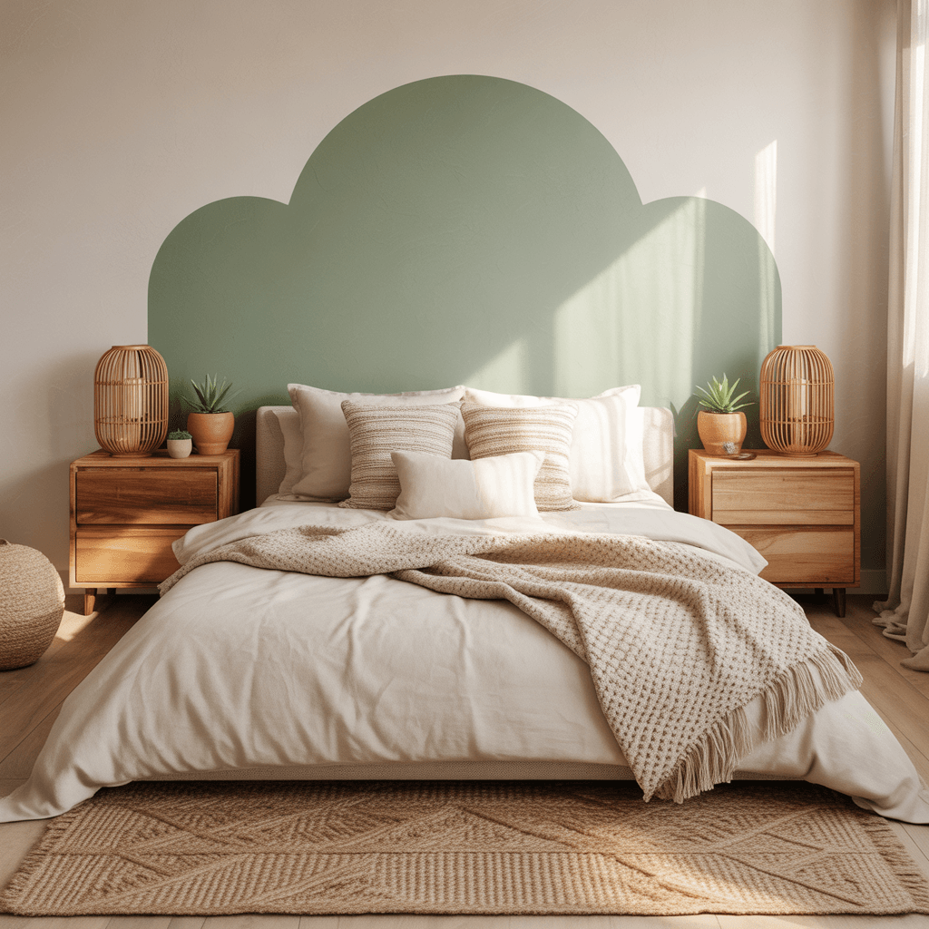 Green sage boho bedroom with accent wall and rattan decor
