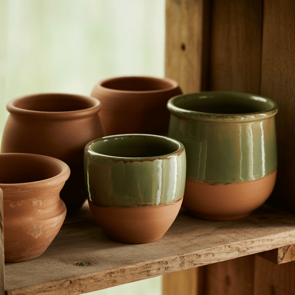 Hand-painted clay pots with greenery in Boho bedroom.