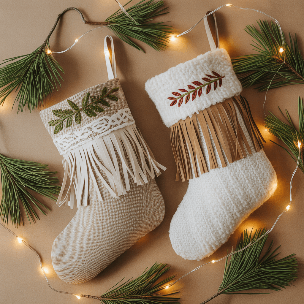 Handmade boho Christmas stockings with fringe and fabric scraps on wooden background.