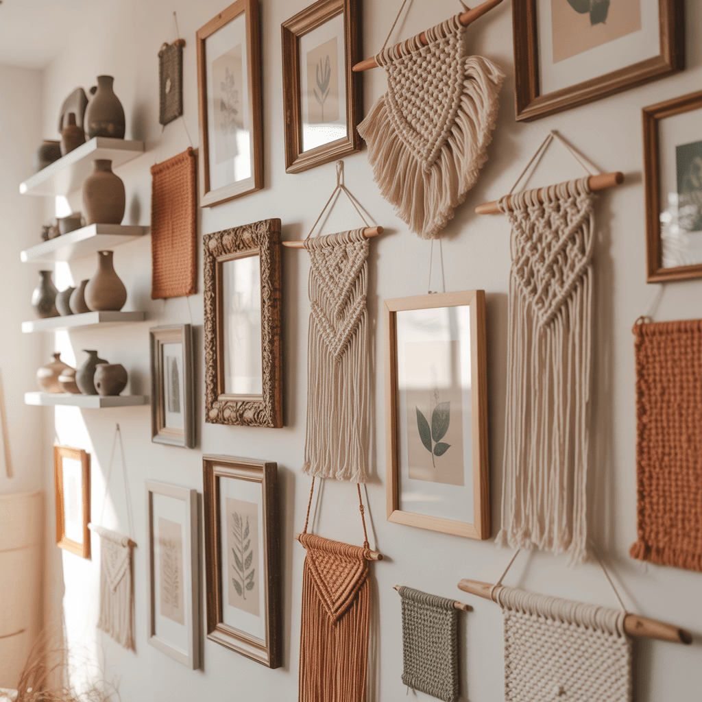 Handmade boho bedroom art and neutral decorations