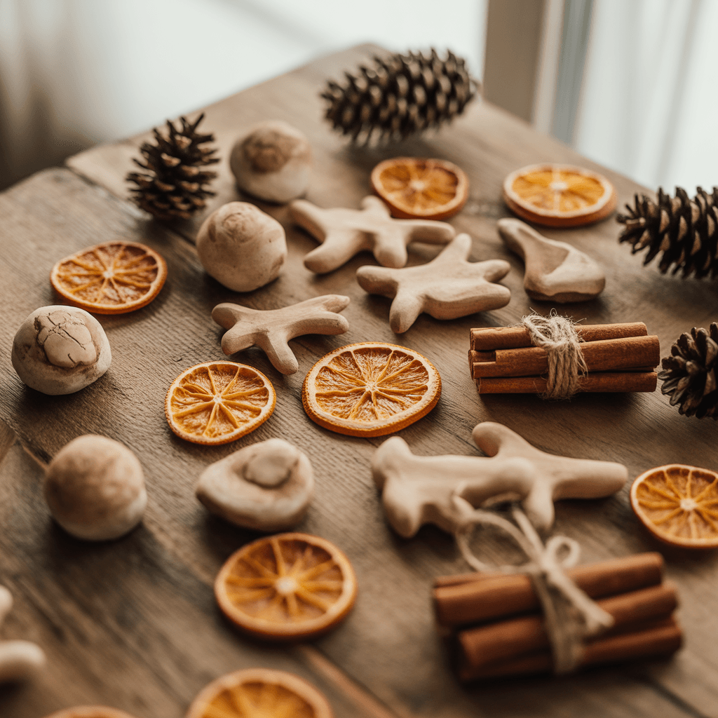 Handmade rustic Christmas décor laid out for crafting.