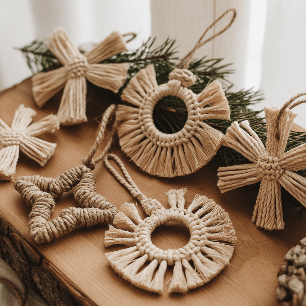 Handmade twine and jute Christmas ornaments hanging on a natural tree.