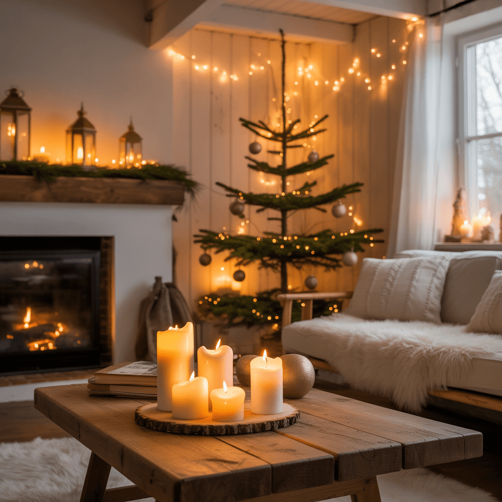 Hygge Christmas lighting using candles and warm fairy lights in a Scandinavian-style room.