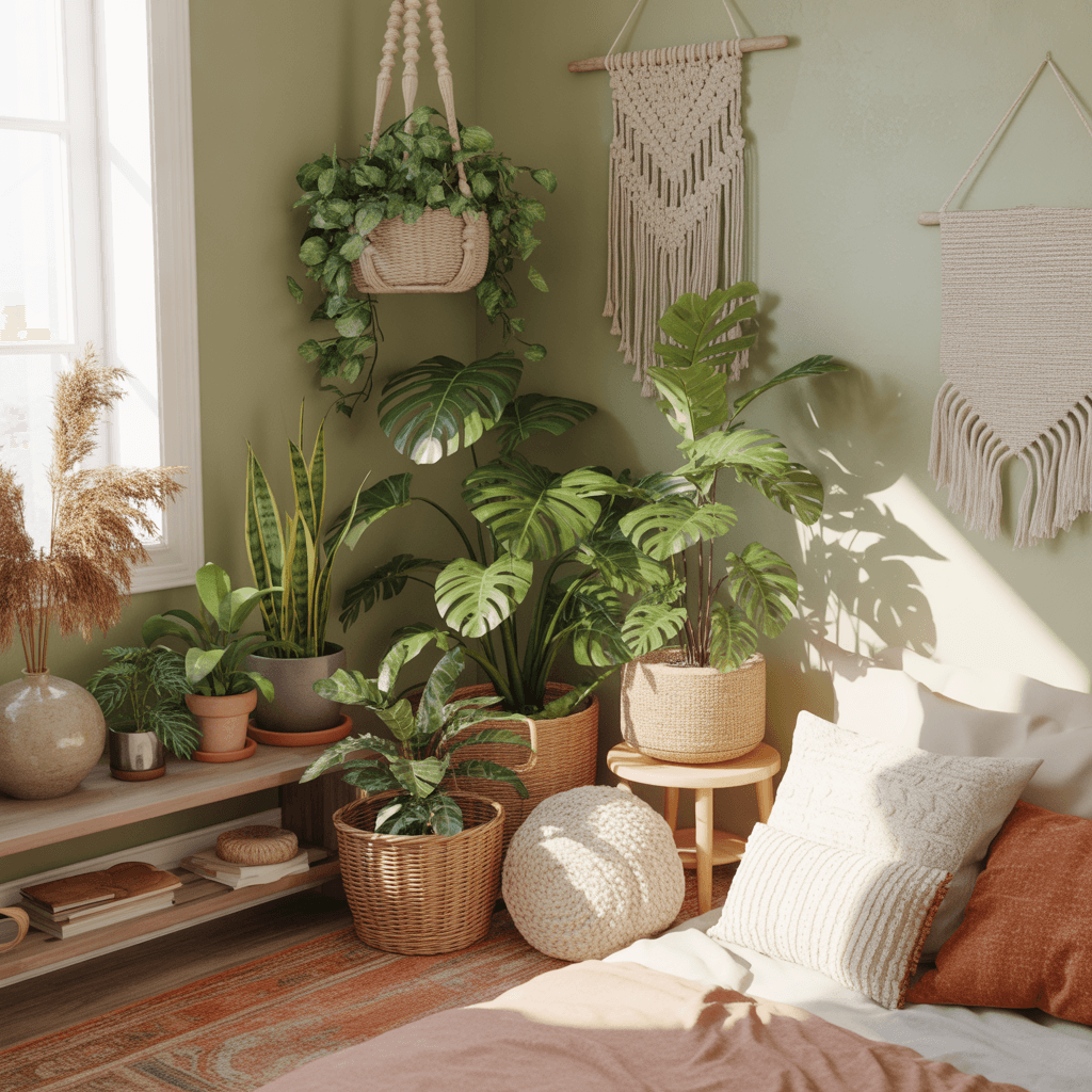 Indoor plants in a sage green boho décor bedroom