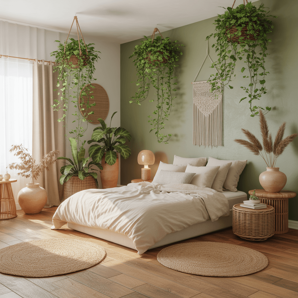 Indoor plants styled in a sage tone boho bedroom