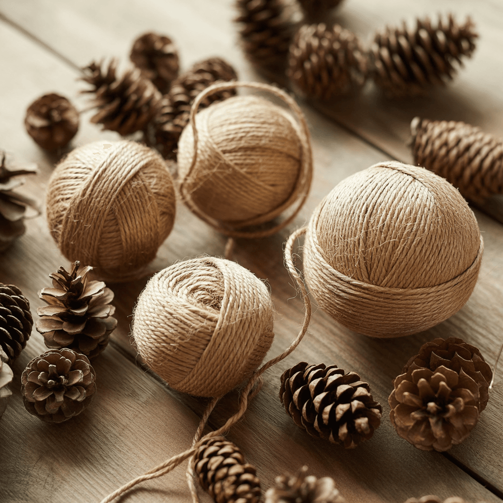 Jute twine ball ornaments in neutral tones.