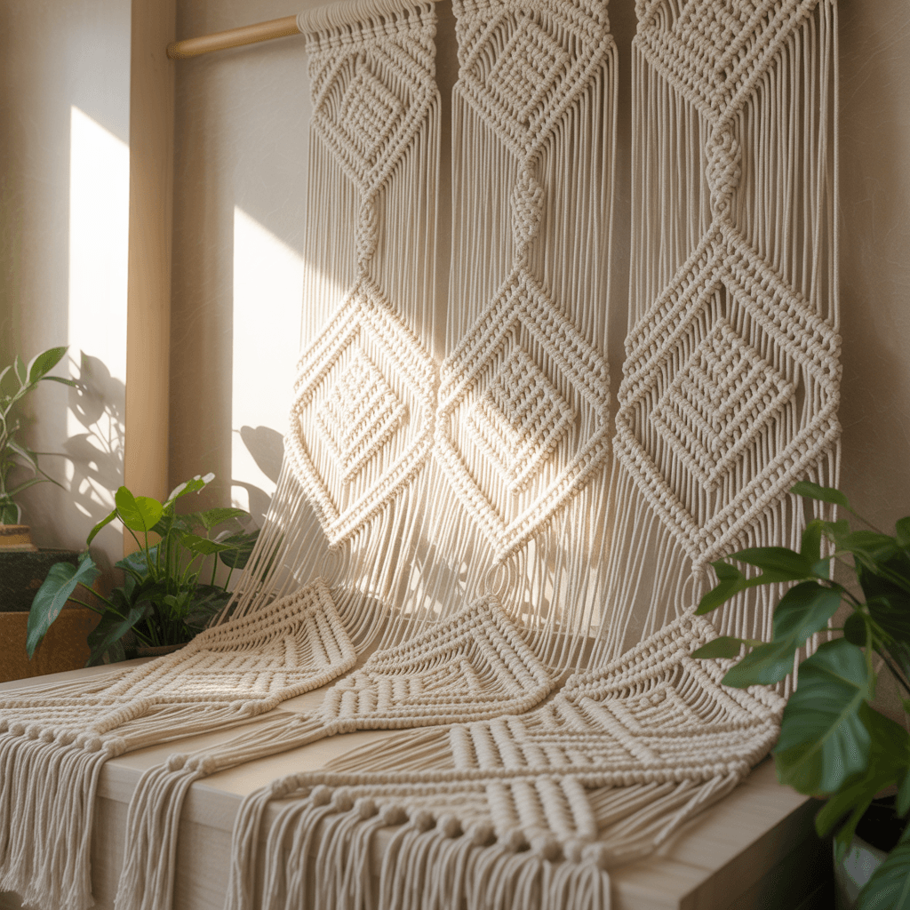 Large macramé wall art hanging above a sage green sofa