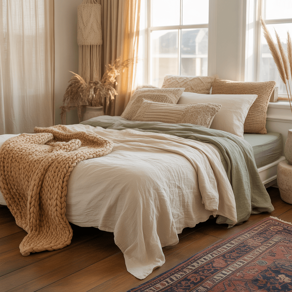 Layered Boho bedding with mixed textures including linen and knit throws for a luxurious look.