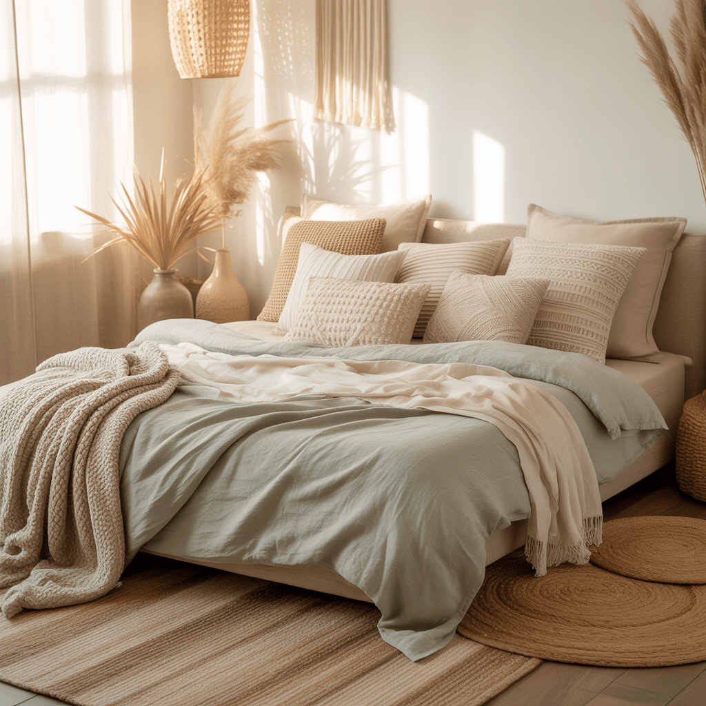 Layered bedding in sage tones in a boho bedroom