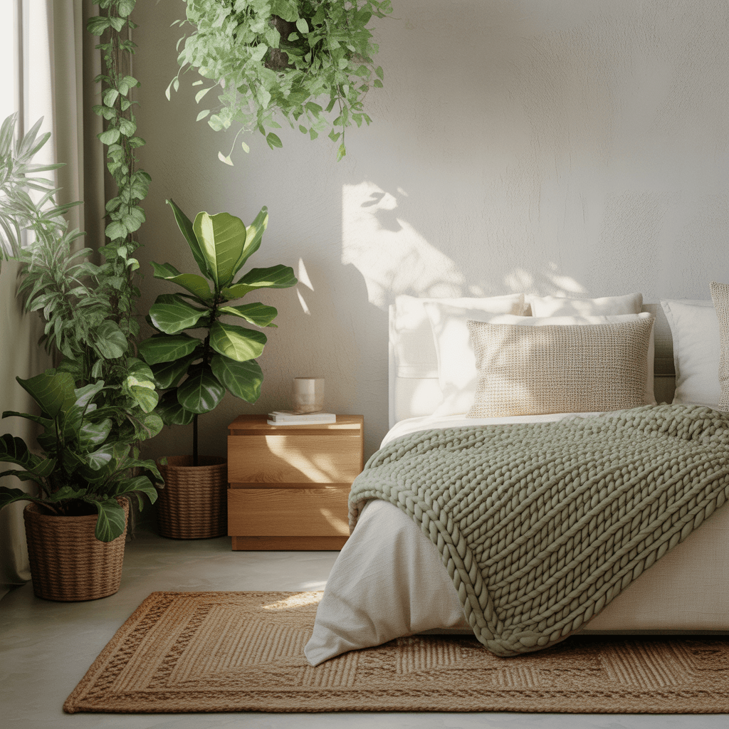 Layered boho bedding in green and beige tones