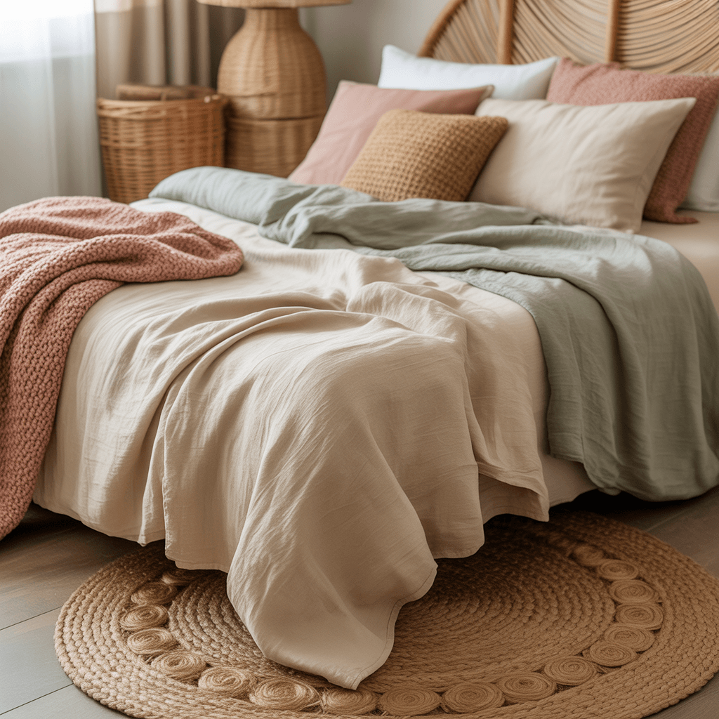 Layered boho bedroom textures like rattan, jute, and linen