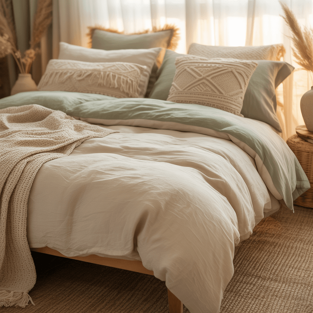 Layered boho textiles in sage green and cream bedroom