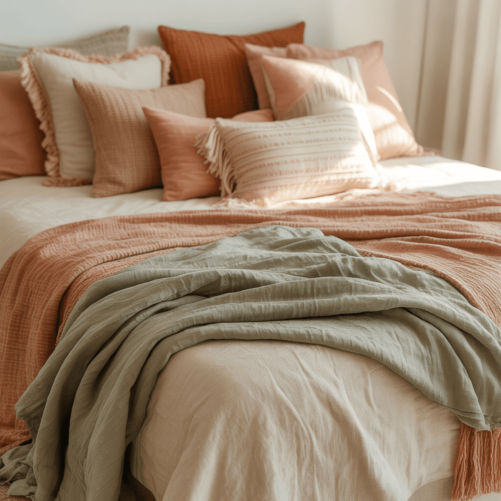 Layered boho textiles in sage green setting