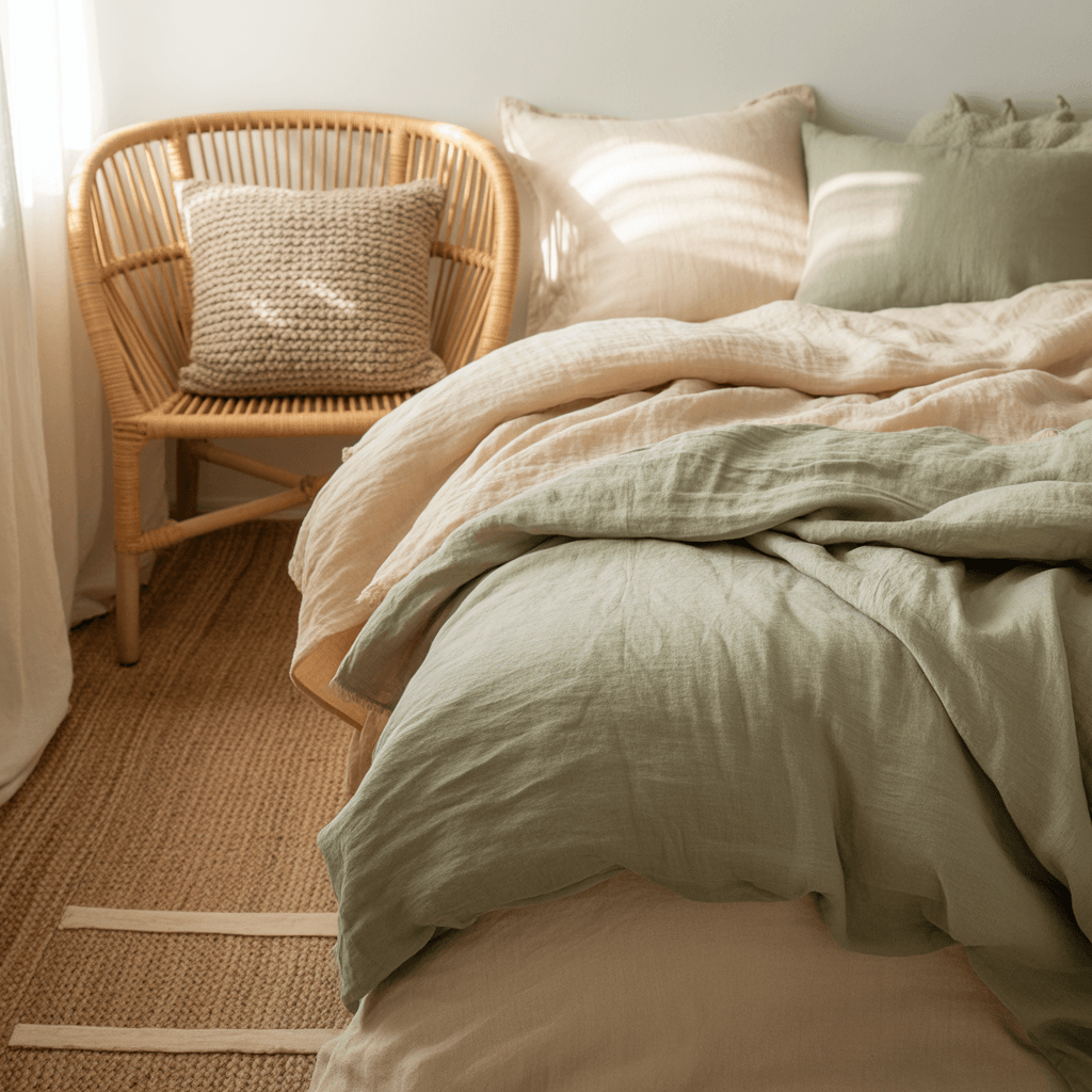 Layered natural textiles in a modern Boho small room