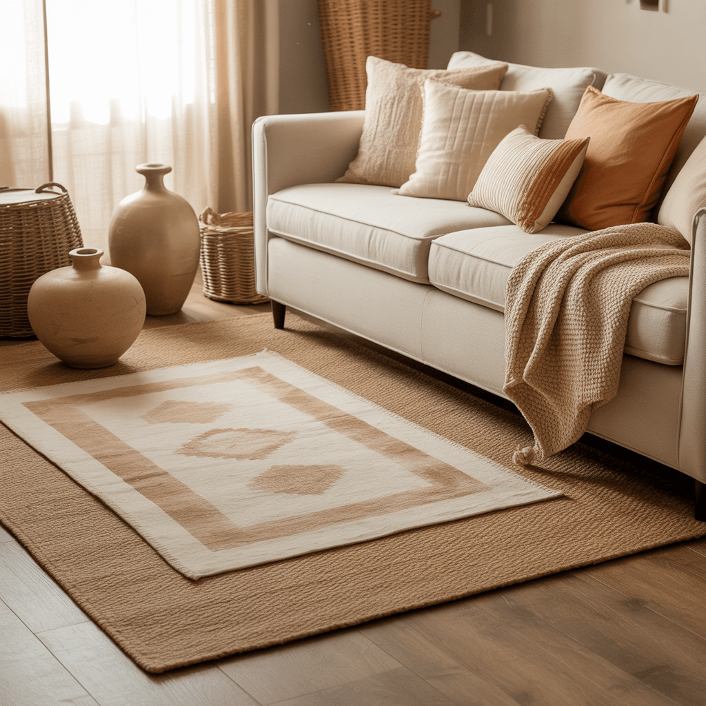 Layered neutral living room with earthy accents creating depth.
