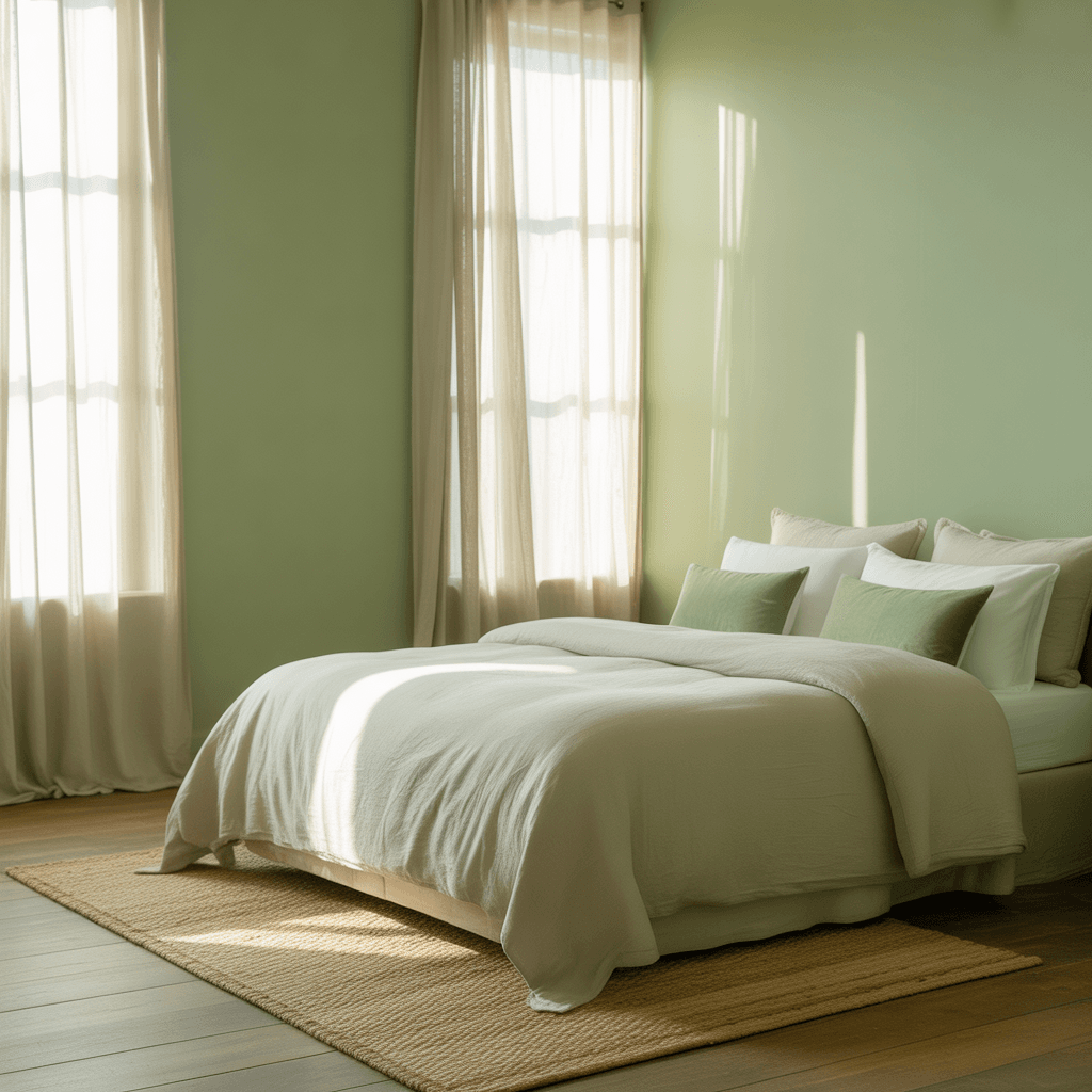 Layered rugs and airy curtains in a boho bedroom with sage decor