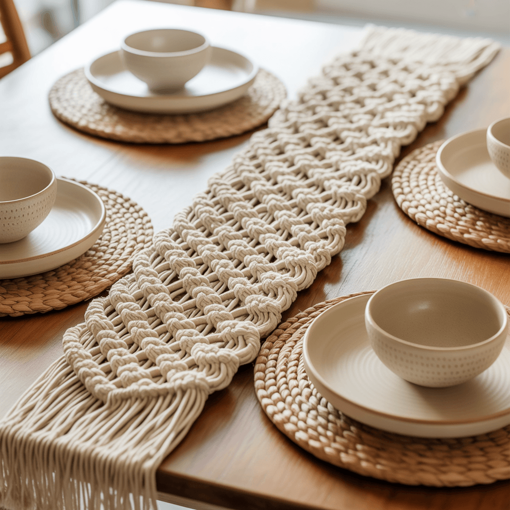  Layered rustic boho table with woven and linen textures.
