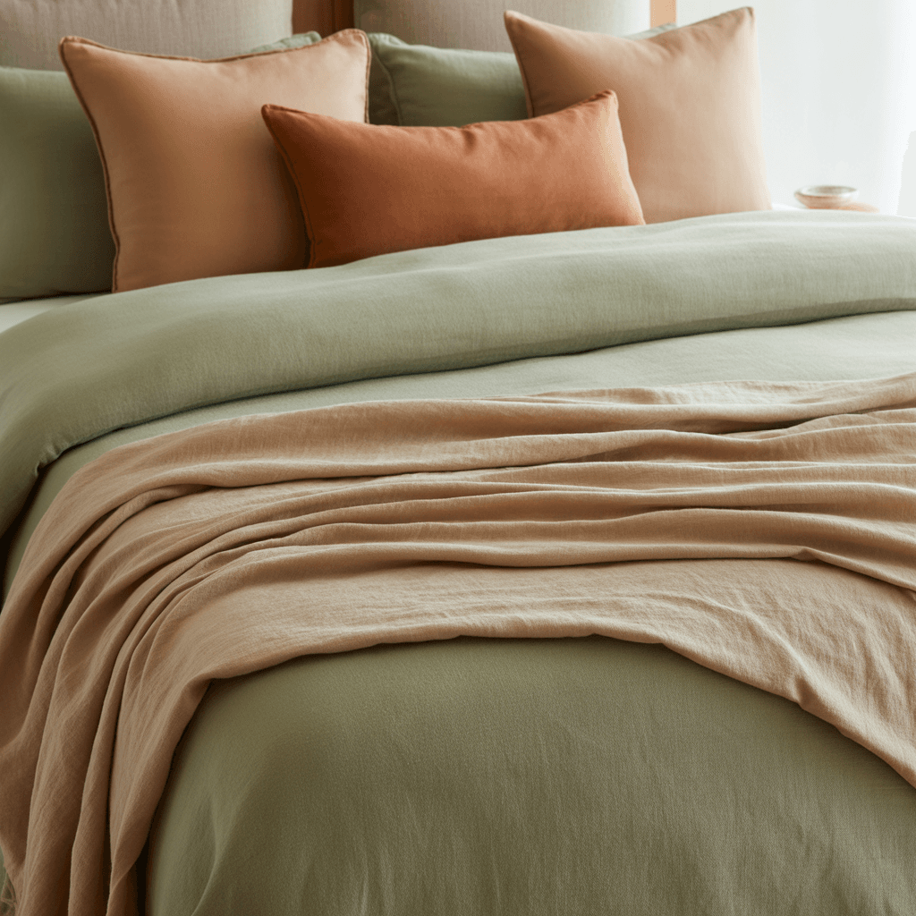 Layered sage green boho bedding with linen and terracotta accents.