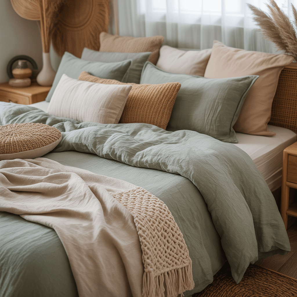 Layered sage green boho bedding with natural textures