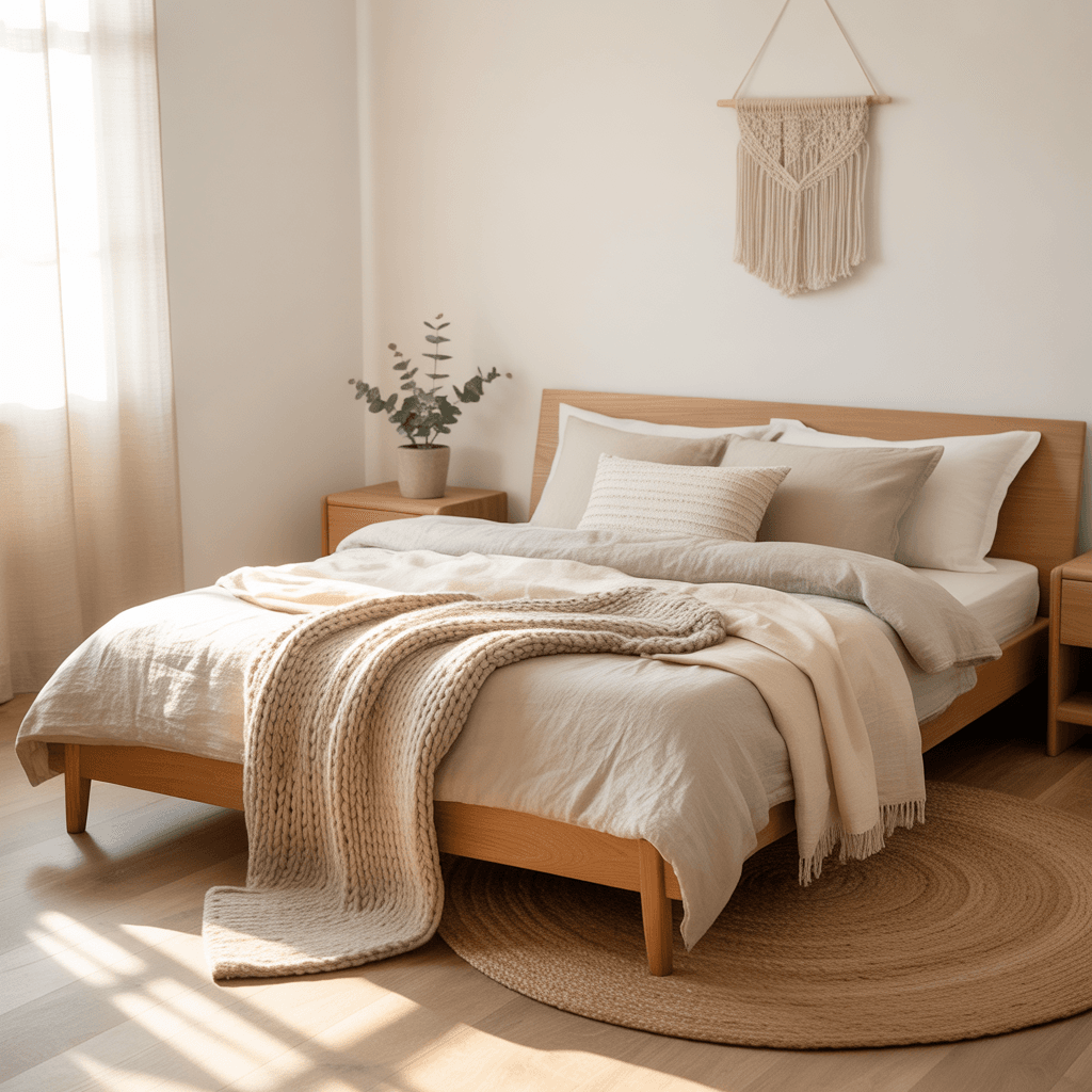 Light and calming Scandinavian Boho bedroom with neutral bedding.