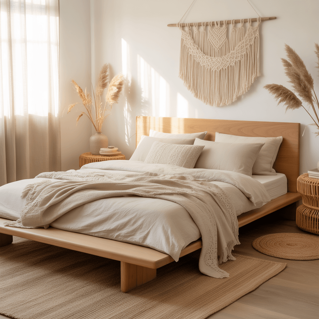 Light wood Scandinavian Boho bedroom furniture in a peaceful modern space.