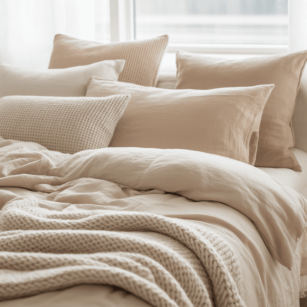 Linen and knit layers on a Scandinavian Boho bed for cozy texture.