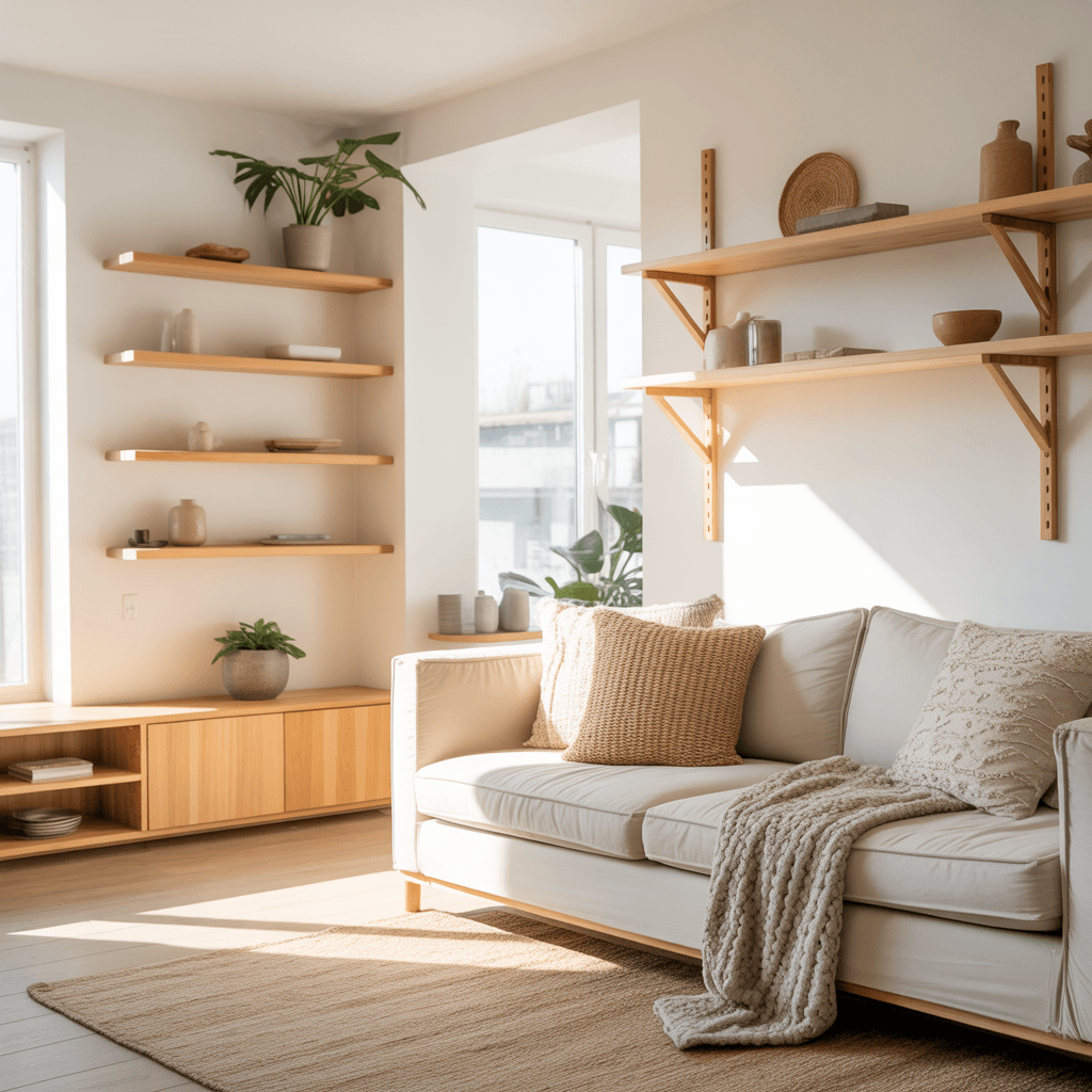 Living room showcasing Nordic minimalist style with soft Boho textures.