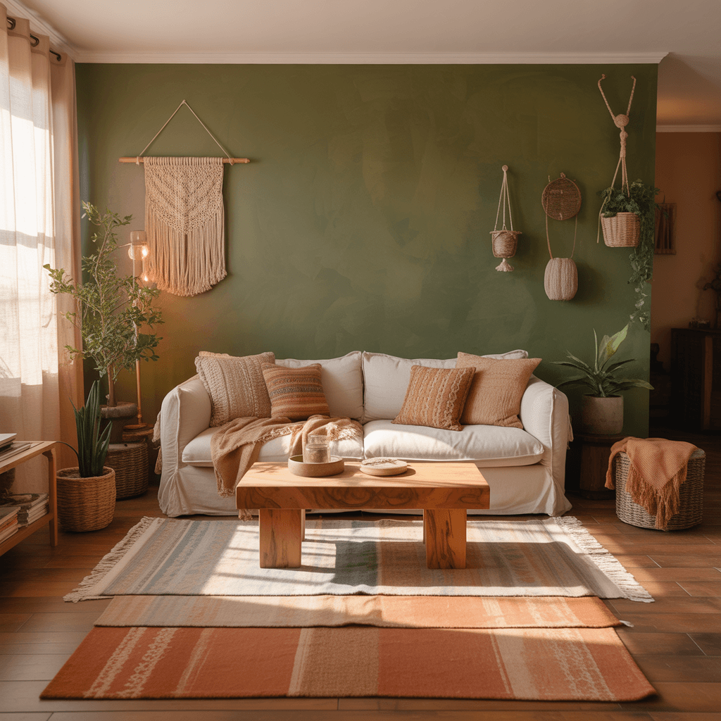 Living room with one sage green accent wall and neutral furniture.