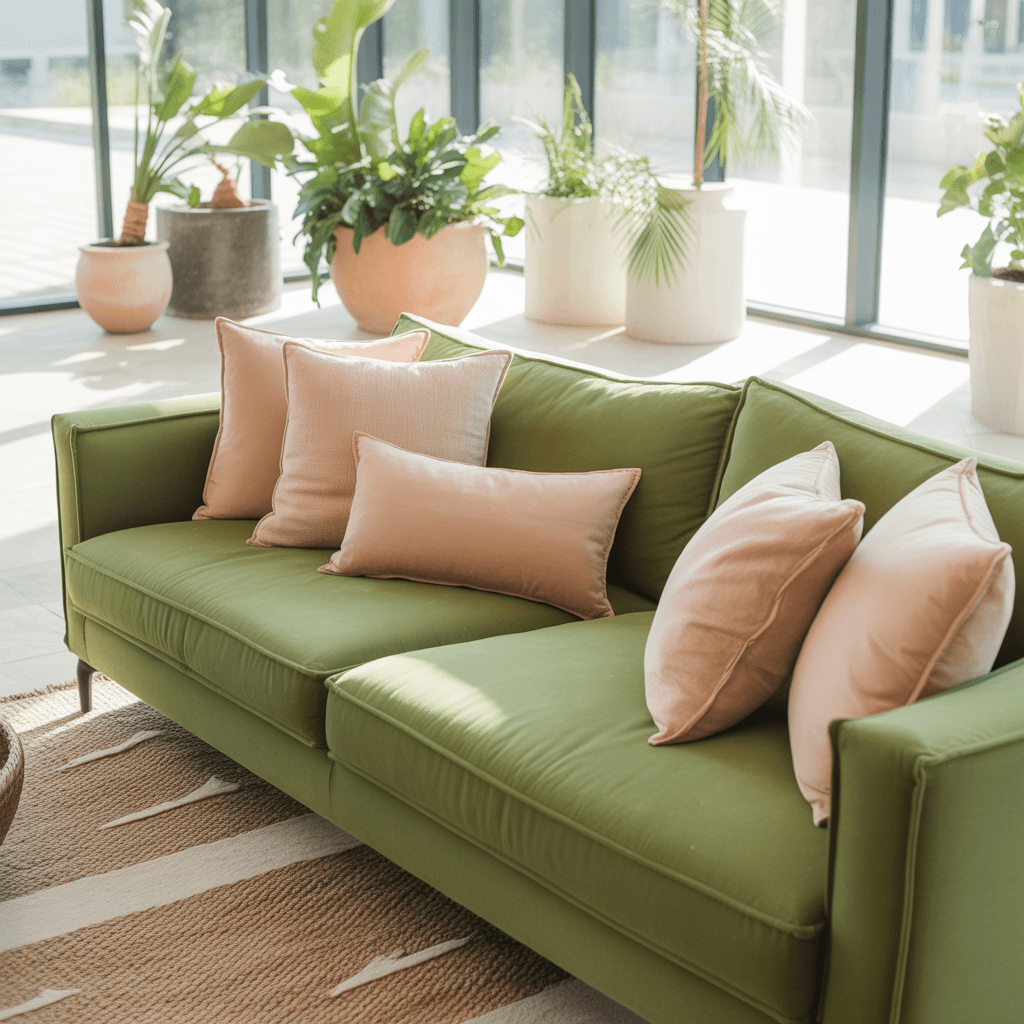 Living room with sage green, blush pink, and beige accents in pillows and décor.