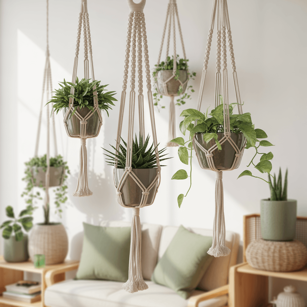 Macramé hanging planters in a Sage Green Boho Room