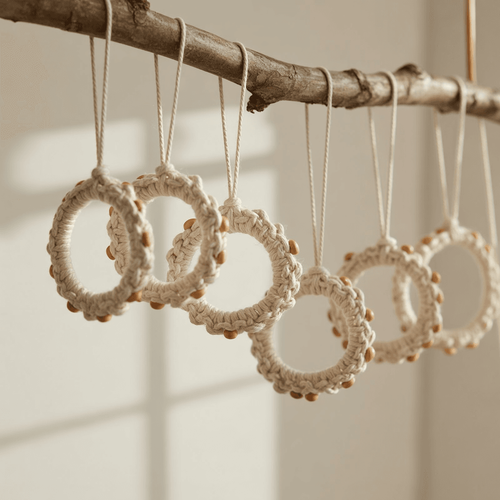  Mini macramé Christmas wreath ornaments with eucalyptus.