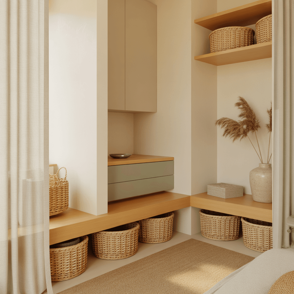 Minimal Boho living room with hidden storage baskets and floating shelves.