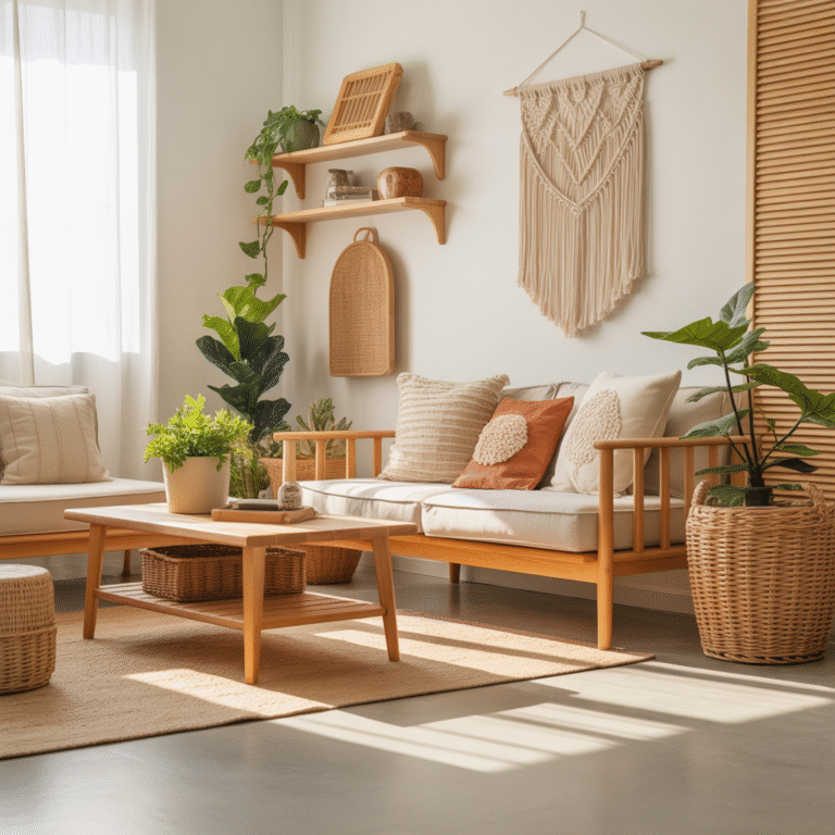 Minimal Boho room with light furniture and multiple small indoor plants.