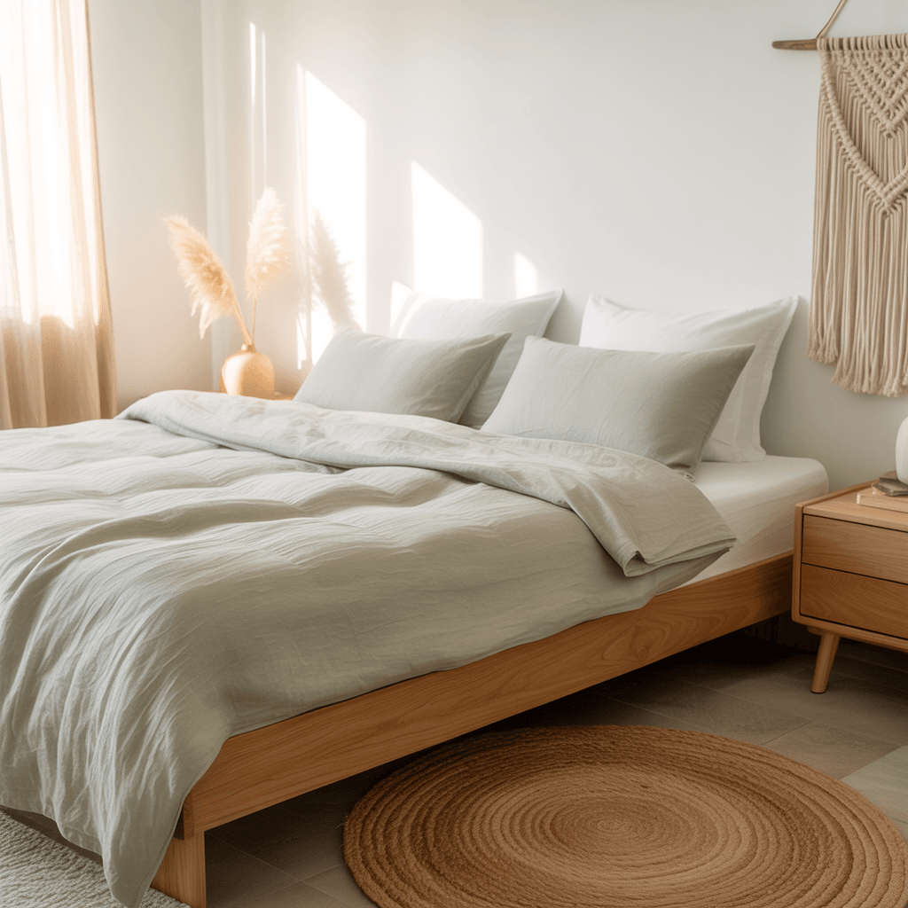 Minimal Scandinavian Boho aesthetic bedroom with natural wood and soft neutral décor.