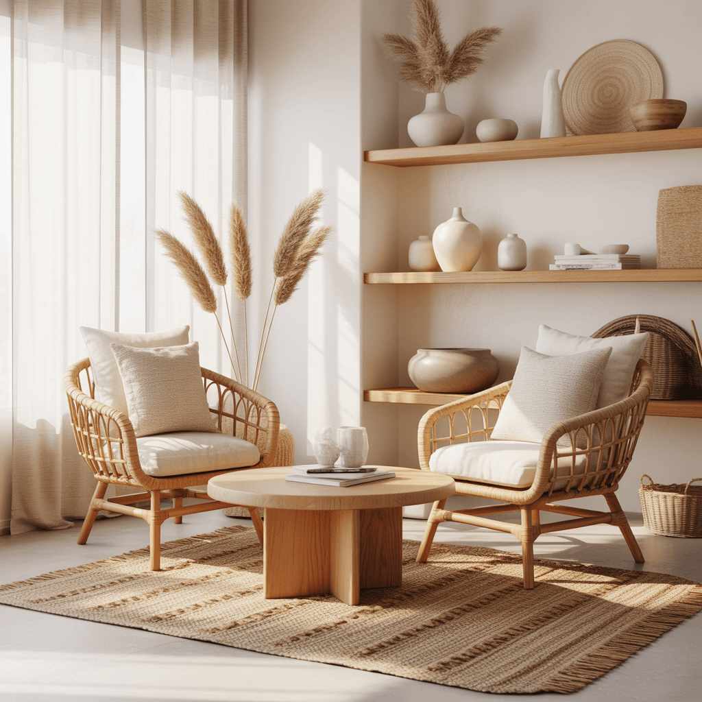 Minimal Scandinavian Boho space with organic materials and neutral textures.
