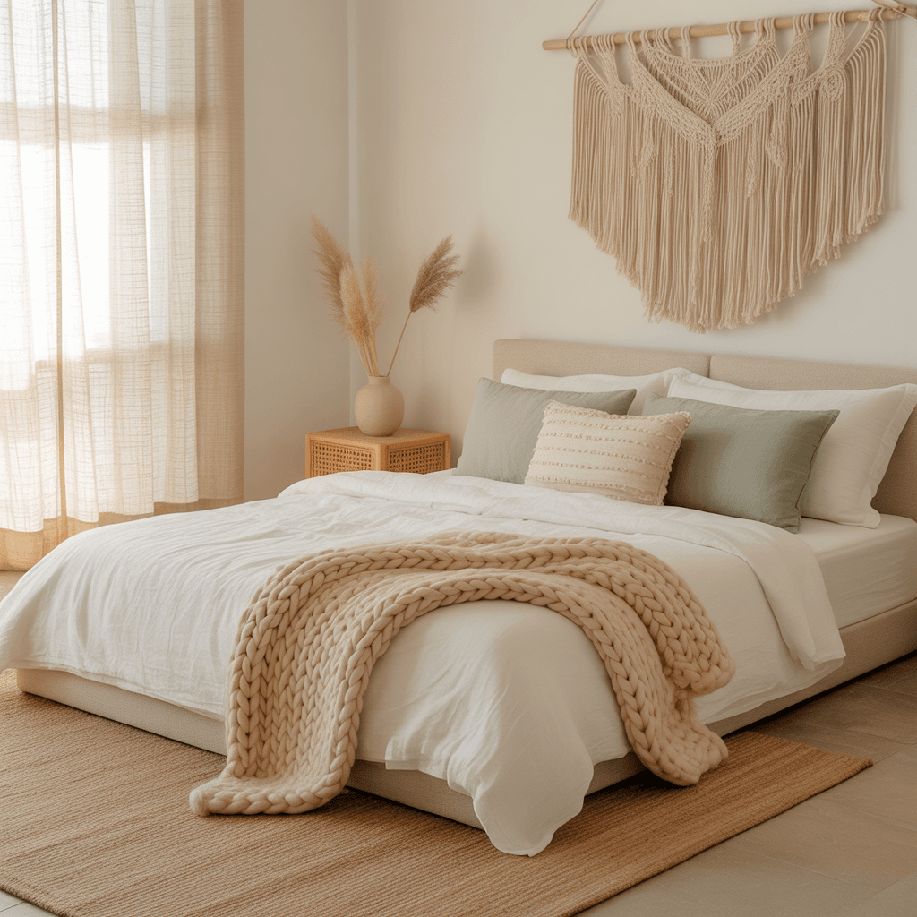 Minimal and inviting Boho bedroom with natural decor.