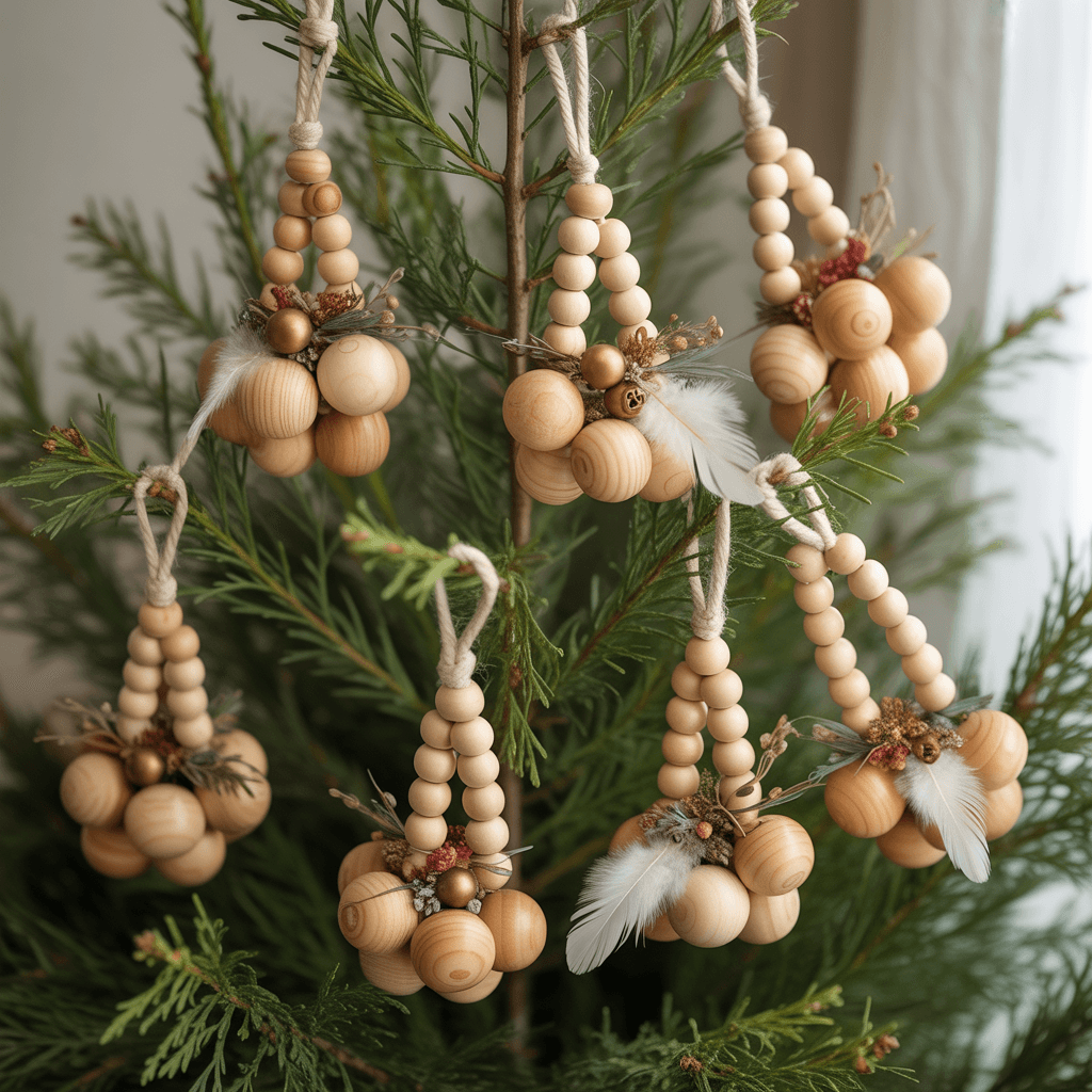 Minimal boho wooden bead Christmas ornaments hanging on a tree.