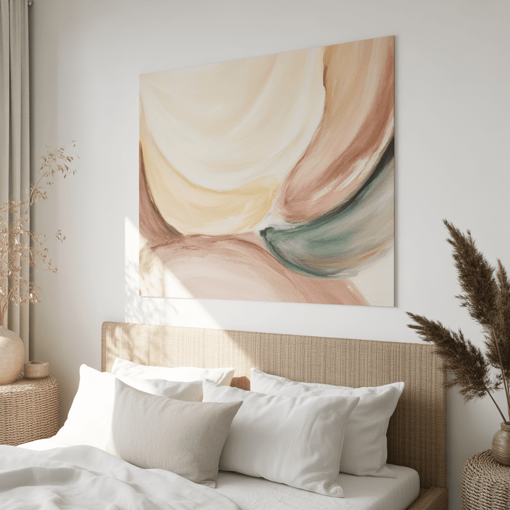 Minimal neutral artwork in a Scandinavian Boho bedroom.