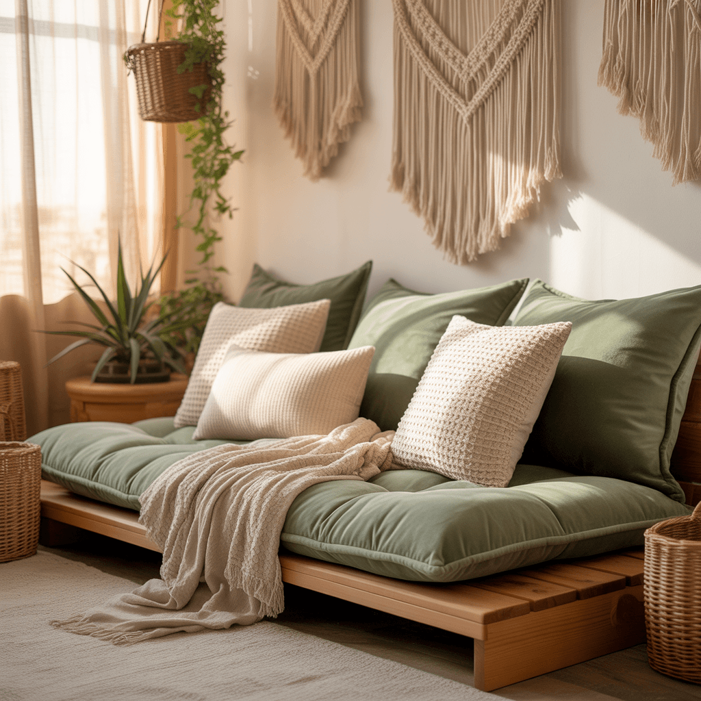 Minimalist Boho bedroom design in green and cream for modern earthy vibes.