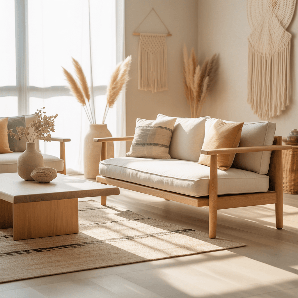 Minimalist Scandinavian Boho décor with soft neutral colors and natural materials