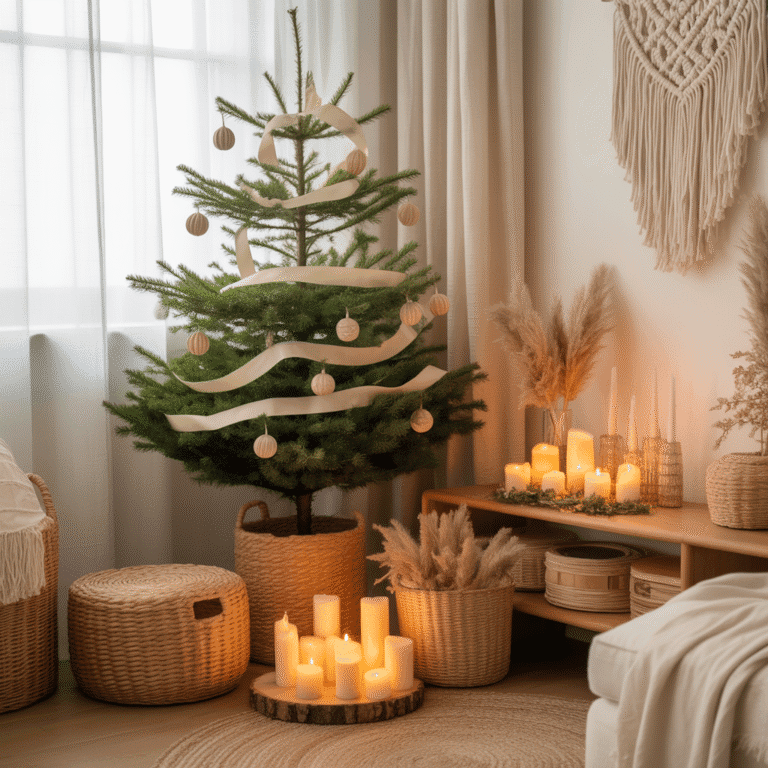 Minimalist boho Christmas tree with cozy neutral interior