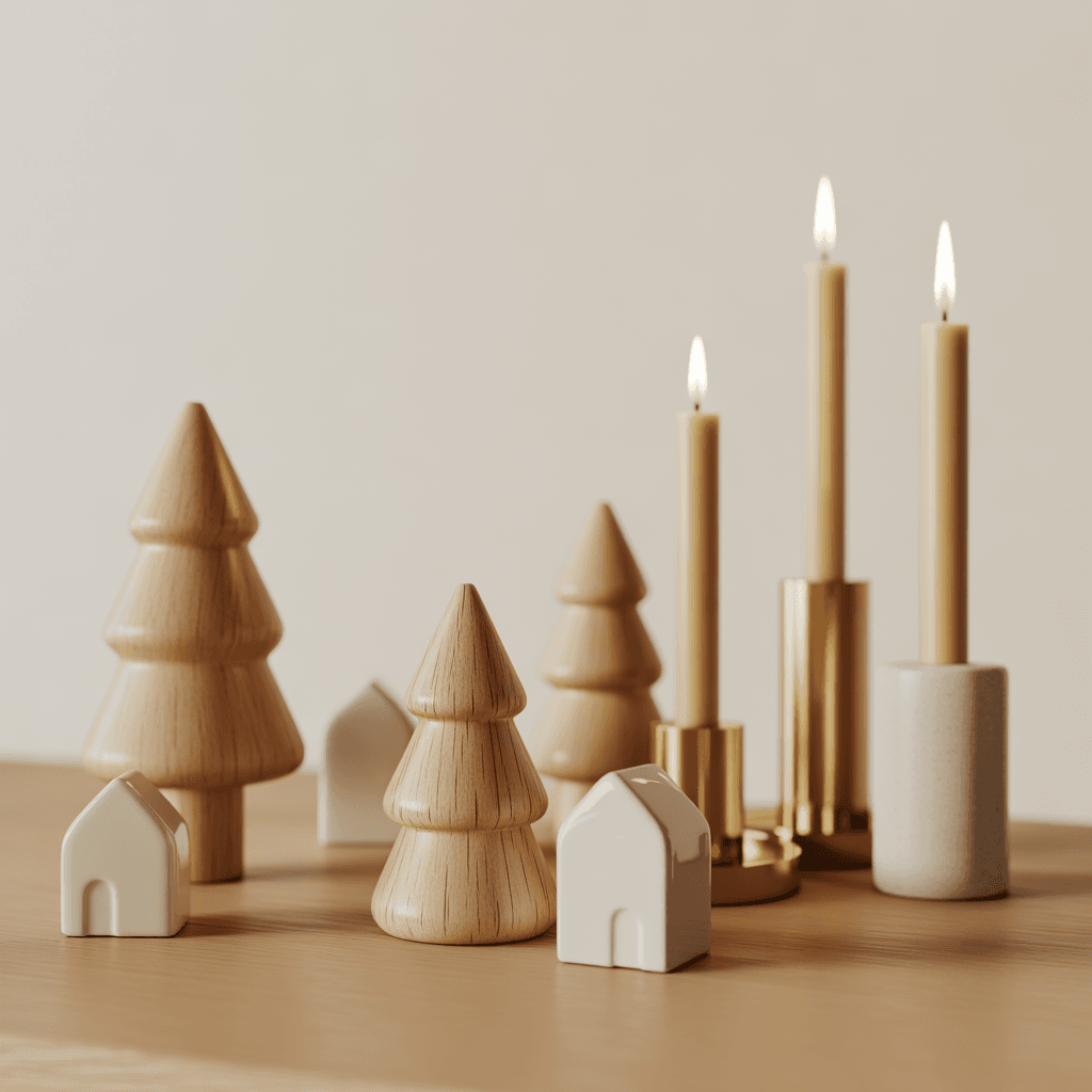 Minimalist holiday accessories styled in a modern home.