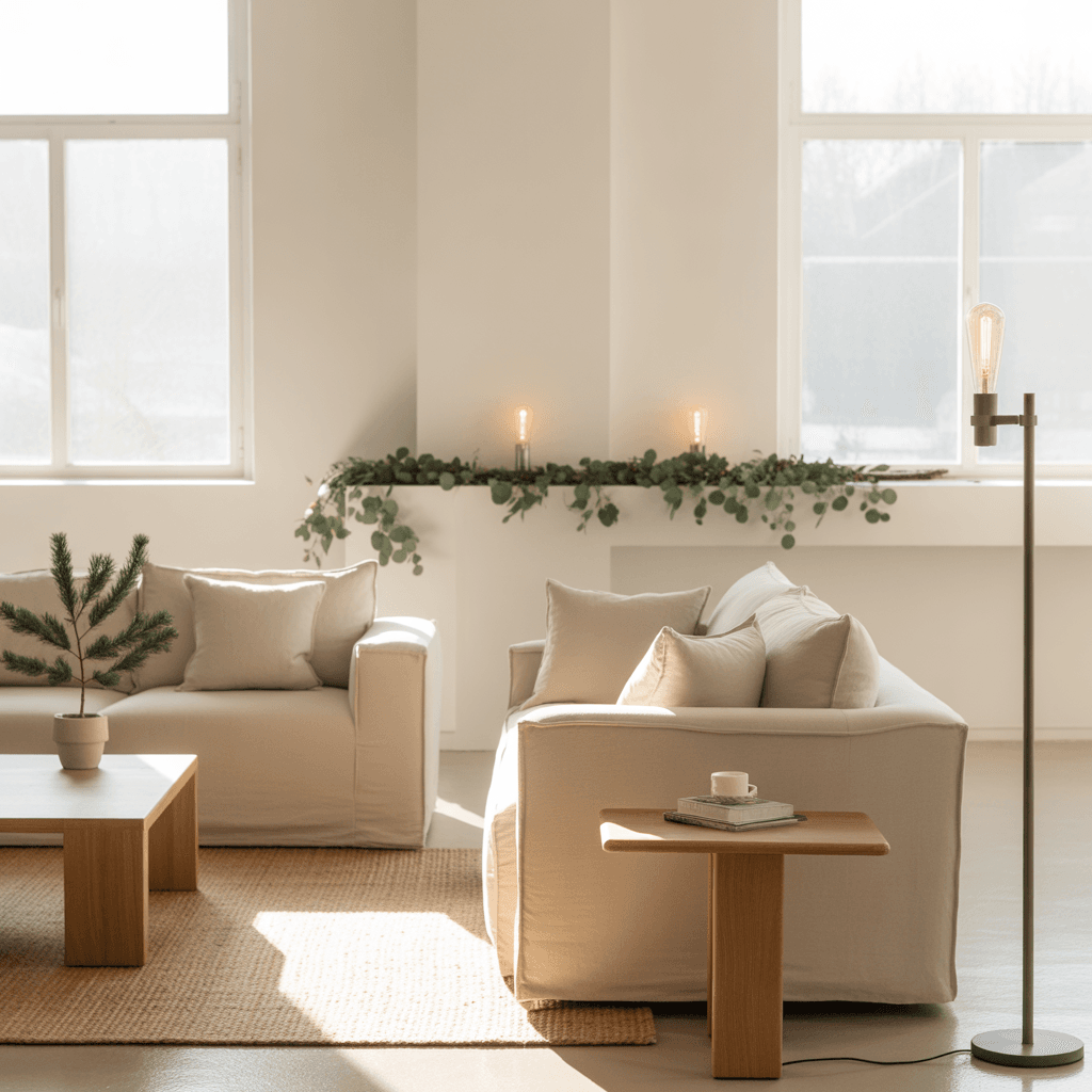 Minimalist living room with neutral tones and subtle Christmas accents.